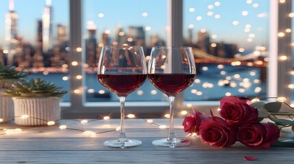 Romantic evening with wine and roses overlooking new york city skyline