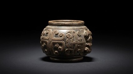 Intricately Carved Ancient Bronze Vessel with Detailed Decorative Patterns - Powered by Adobe