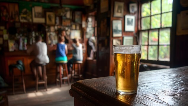 Pint of beer sitting on table in traditional irish pub