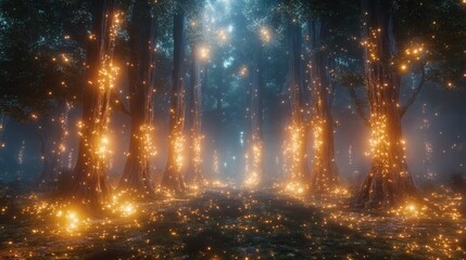 Enchanting forest bathed in warm, glowing light.