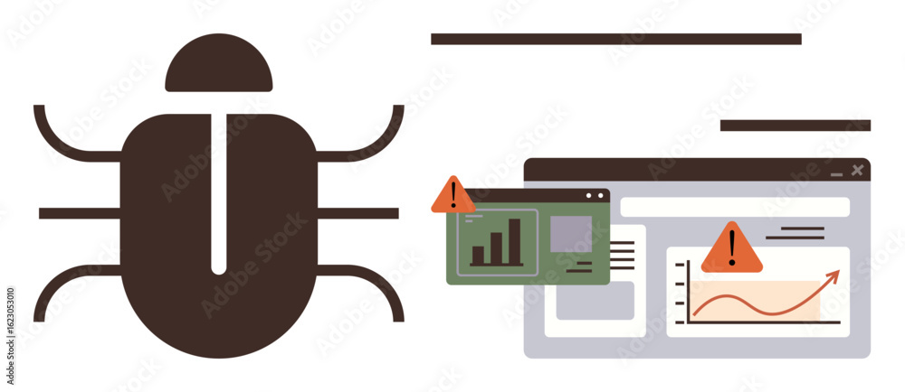 Poster large bug alongside browser windows with warning alerts and graphs. ideal for cybersecurity, virus t