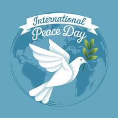 Dove carrying olive branch on globe for international peace day celebration