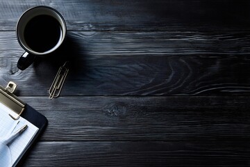 Coffee cup, notepad, and pen resting on dark wooden desk