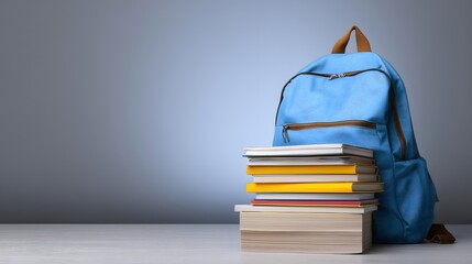 Bright blue backpack leaning on stack of colorful books for school