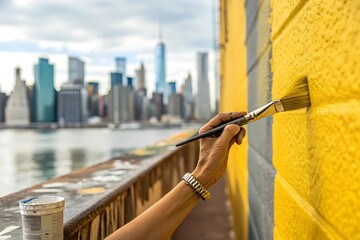 Hand painting yellow mural with city skyline background paintbrush