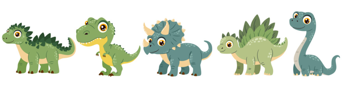 A set of vector illustrations in a simple cartoon style. Cute dinosaurs with big eyes on a white background. High quality photo