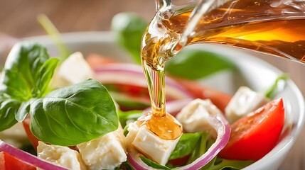 Pouring olive oil over fresh salad with feta, tomatoes, and basil