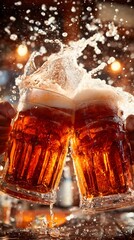 Cheersing with two beer mugs splashing in a pub
