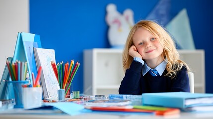 Smiling schoolgirl sitting at desk with colorful pencils and books