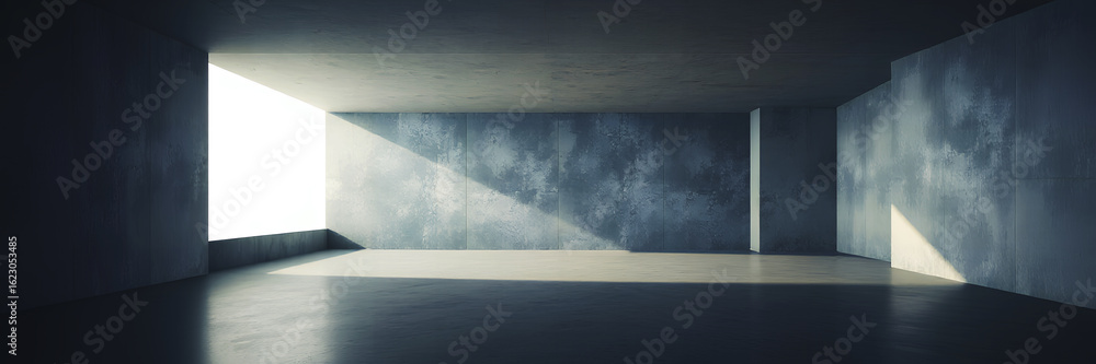 Poster an empty room illuminated by a bright light source casting shadows on the textured walls and floor