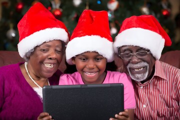 Grandparents and granddaughter using tablet on christmas day