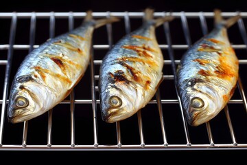 Grilled sardines resting on metal grill: cooking fresh seafood
