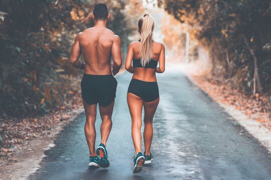 Couple of athletes running on a country road