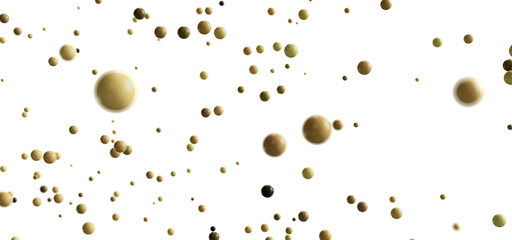 Abstract stock photo of many beige and brown spheres floating on a white background.