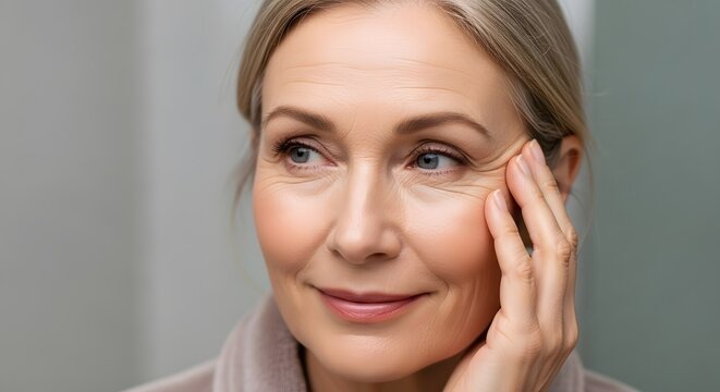 A beautiful and confident mature woman smiling and gently touching her smooth skin. A concept for skincare, anti-aging, beauty, wellness, and self-care in older age. - Powered by Adobe