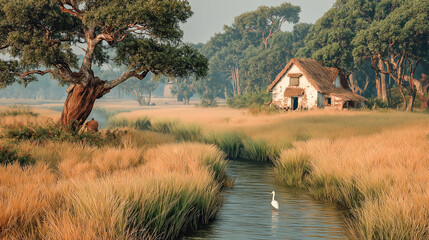 Rustic Cottage Near Tranquil Stream in Countryside