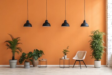 Orange wall with black pendant lamps and potted plants indoor plants modern interior