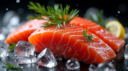 Close-up of a fresh whole fish placed on top of salmon fillets with ice cubes and herb garnish, creating a premium seafood presentation.