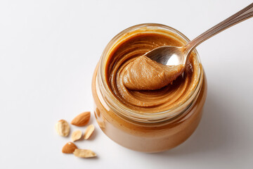 Open glass jar of creamy almond butter with a spoon and scattered almonds on white background peanut butter