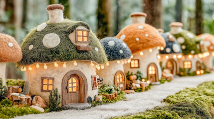 Whimsical Mushroom Houses Along a Forest Path