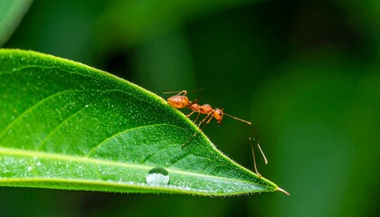 Naklejka premium Close-up of a Red Ant on a Green Leaf with Water Droplet