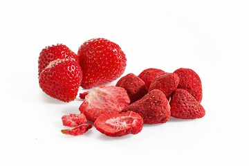 A vibrant image of fresh and freeze-dried strawberries.