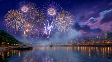 Fototapeta premium Colorful fireworks burst from a barge on the river, streaking the blue-purple night sky. A faintly lit city bridge adds to the festive atmosphere amid light haze and reflections on the water