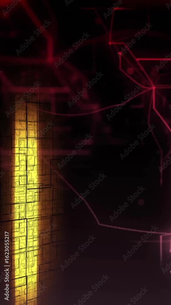 Aufkleber animation of glowing light trails floating over red network of connections on black background