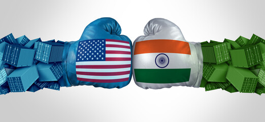 India United States Tariff War or USA Indian trade relationship crisis as American tariffs conflict with two opposing South Asian trading partners as an economic import and exports dispute concept.