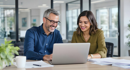 Obraz premium Happy Business Professionals Collaborating on Laptop in Modern Office