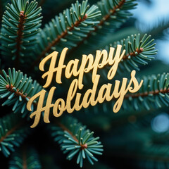 Happy Holidays greeting on festive evergreen tree, showcasing vibrant green needles and warm, cheerful atmosphere