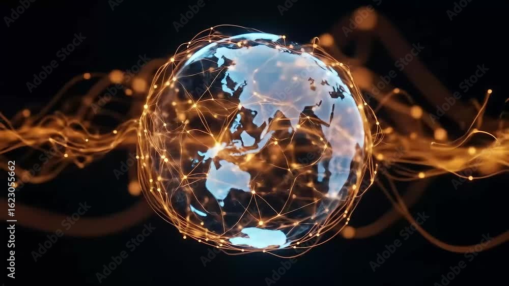Aufkleber rotating earth globe with glowing network connection lines on black background