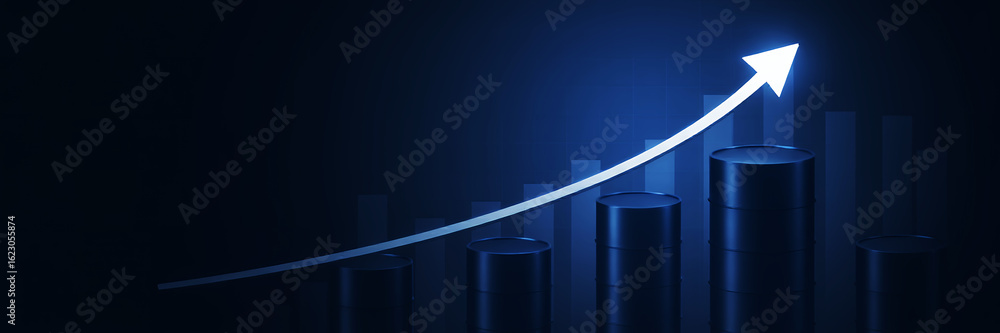 Poster a blue toned image showing an upward arrow over a bar graph representing growth and progress