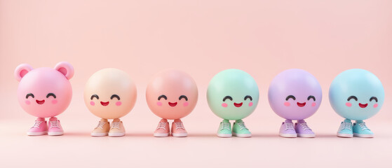 Cute characters with pastel colors and smiling faces, standing in row on soft pink background, evoke joy and playfulness