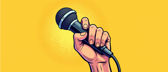 Hand holding microphone against bright yellow background, symbolizing music, performance, and expression