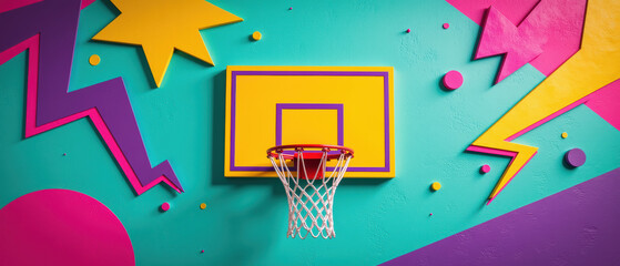 Bright basketball hoop against colorful geometric wall, featuring vibrant shapes and patterns. playful design creates energetic atmosphere