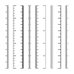 Vertical measurement scales with divisions. Realistic scale for measuring length or height in centimeters, millimeters or inches. Ruler, tape measure marks, size indicators. Vector illustration