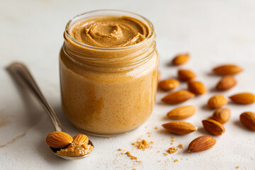 Fototapeta premium Glass jar of creamy almond butter with almonds scattered around and on a spoon food