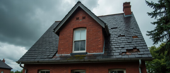 Old roof damaged shingles brick house cloudy sky residential building home maintenance weathered exterior architectural detail