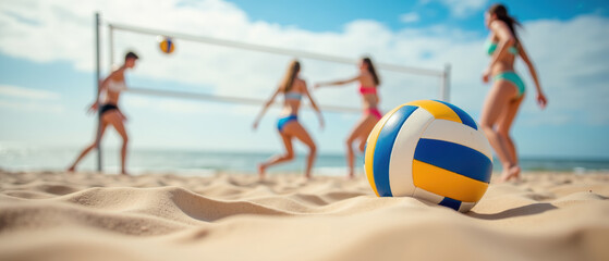 Beach volleyball game with players enjoying sun and sand, featuring colorful ball in foreground