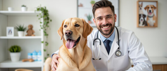 Smiling veterinarian in white coat poses with friendly golden retriever in bright clinic, showcasing warm and caring atmosphere