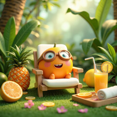 Cheerful orange character relaxes in tropical setting, surrounded by vibrant fruits and greenery, enjoying refreshing drink