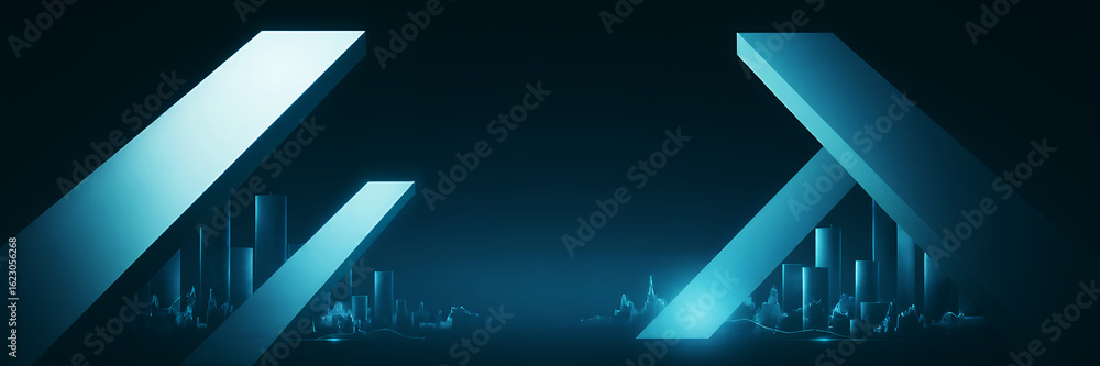 Poster abstract futuristic background with geometric shapes and glowing blue light emanating from below