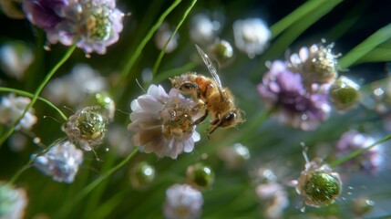 Honeybee on a flower close up of bee pollinating detailed view of flower and bee