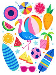 Vibrant Summer Fun Illustration with Flamingo and Beach Accessories