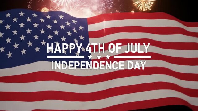 Waving United States Flag with Happy 4th of July Independence Day Text and Fireworks Background