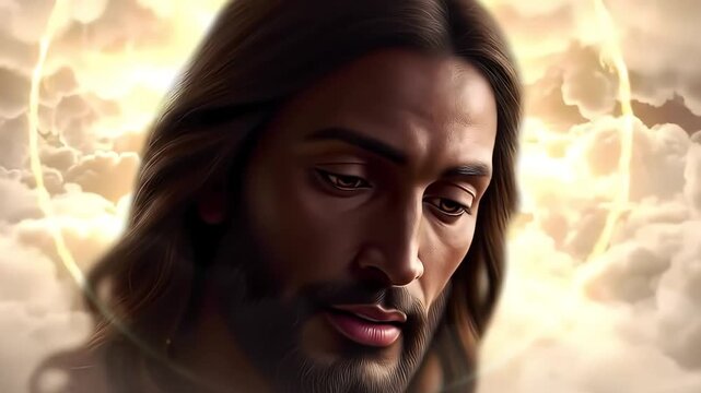 Jesus portrait, heavenly clouds background, digital art, faith