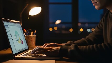 Late Night Data Analysis: Man Working on Laptop with Charts Under Desk Lamp - Powered by Adobe