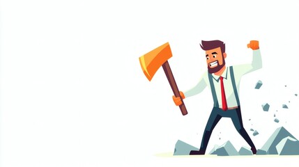 Businessman smashes through obstacles with an axe.