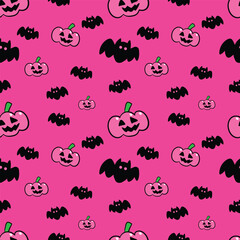 Pink Halloween Seamless Pattern with Cute Pumpkins and Bats